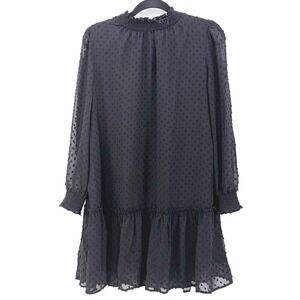 J.Crew Black Swiss Dot Smocked Neck Long Sleeve Mini Dress S Boho Chic Party NWT